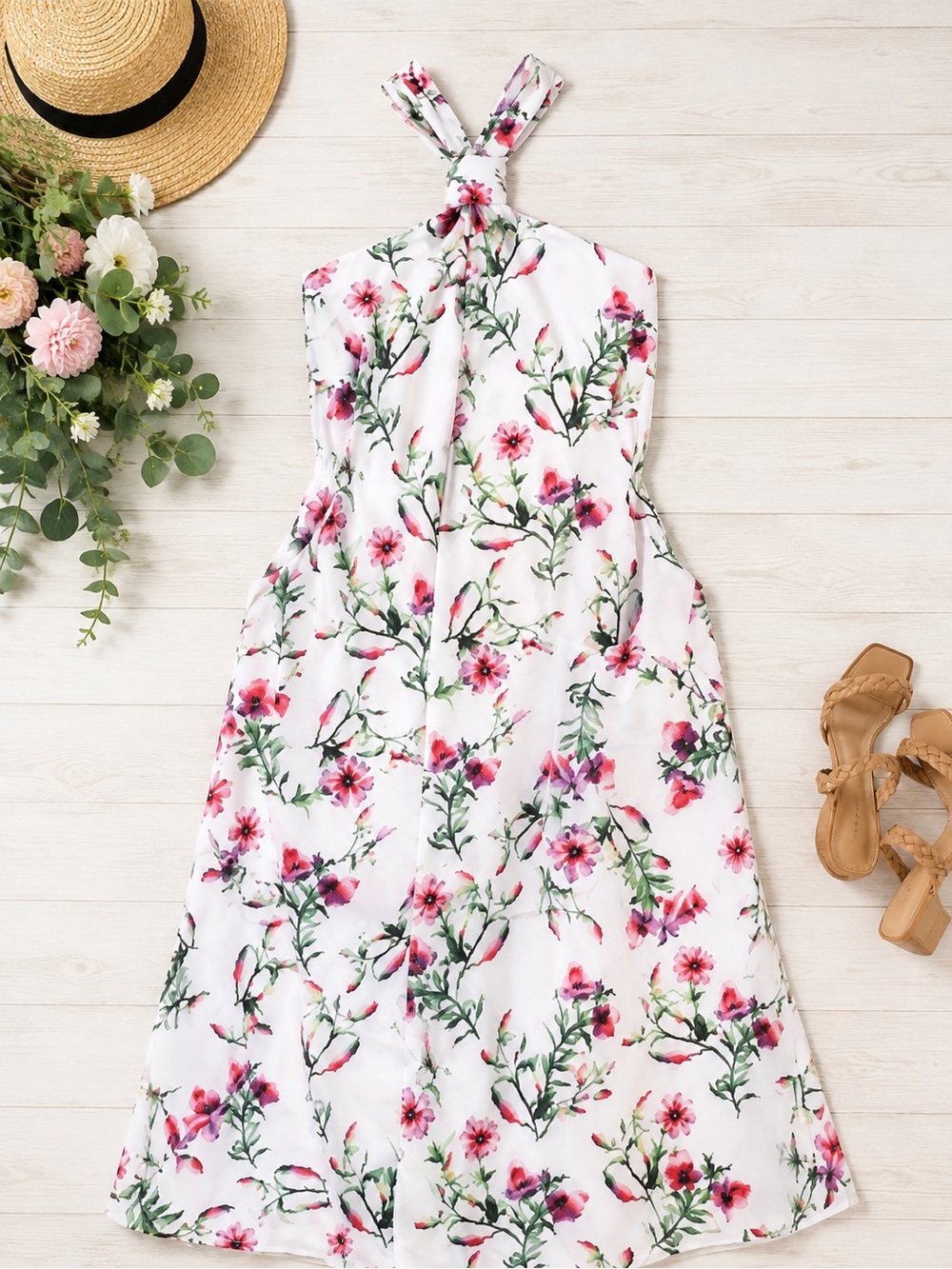 INC International Concepts NWT Floral Halter Midi Dress w Pockets Medium - Picture 2 of 8